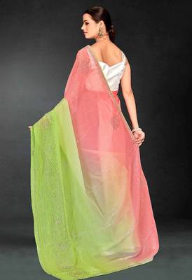 peach green two tone stone work silk blend saree 2