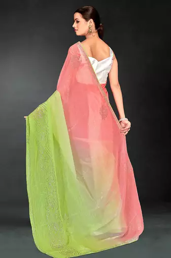 peach green two tone stone work silk blend saree