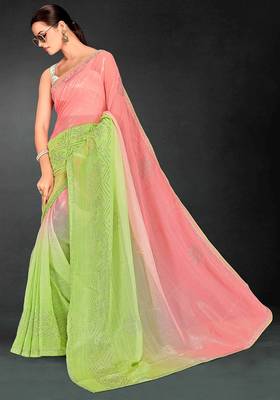 peach green two tone stone work silk blend saree 3