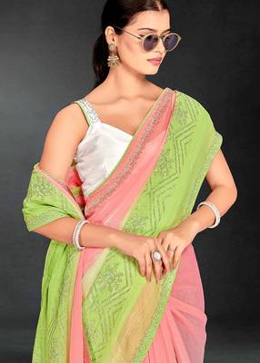 peach green two tone stone work silk blend saree 5