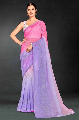pink purple two tone stone work silk blend saree