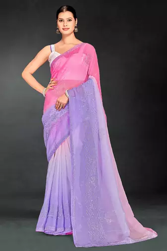 pink purple two tone stone work silk blend saree
