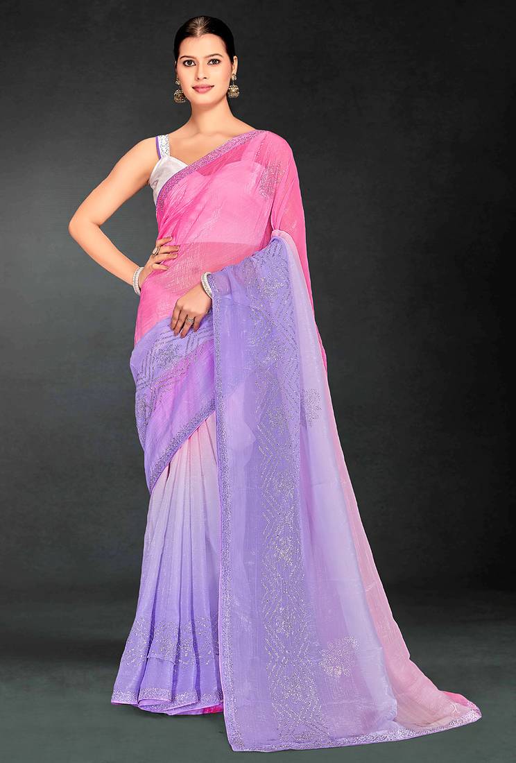 pink purple two tone stone work silk blend saree