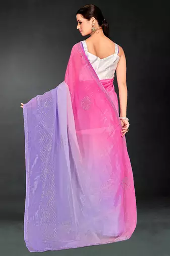 pink purple two tone stone work silk blend saree