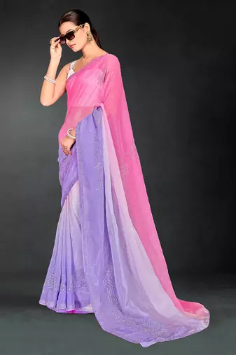 pink purple two tone stone work silk blend saree
