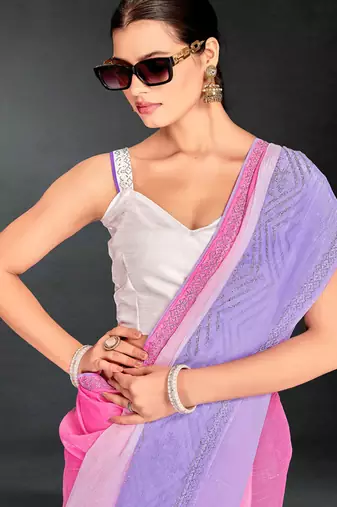 pink purple two tone stone work silk blend saree