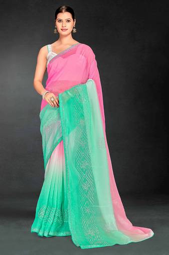 pink green two tone stone work silk blend saree