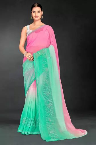 pink green two tone stone work silk blend saree