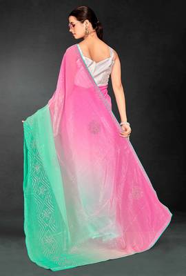 pink green two tone stone work silk blend saree 2