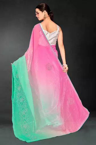 pink green two tone stone work silk blend saree