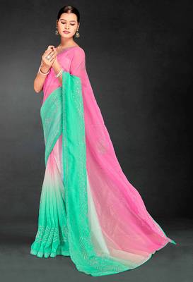 pink green two tone stone work silk blend saree 3