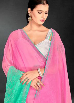 pink green two tone stone work silk blend saree 4