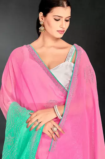 pink green two tone stone work silk blend saree