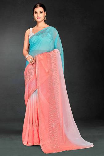 skyblue peach two tone stone work silk blend saree