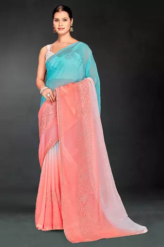 skyblue peach two tone stone work silk blend saree