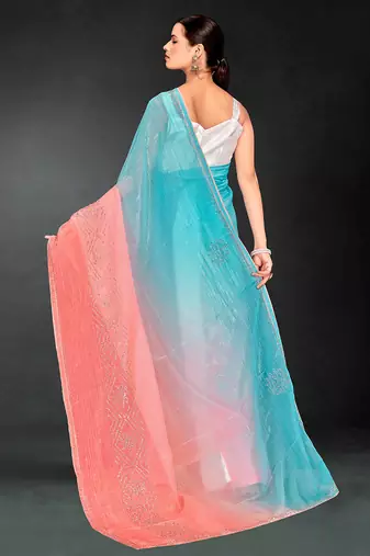 skyblue peach two tone stone work silk blend saree