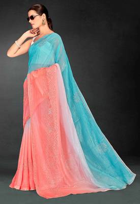skyblue peach two tone stone work silk blend saree 3