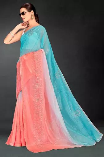 skyblue peach two tone stone work silk blend saree