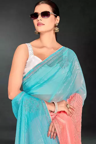 skyblue peach two tone stone work silk blend saree
