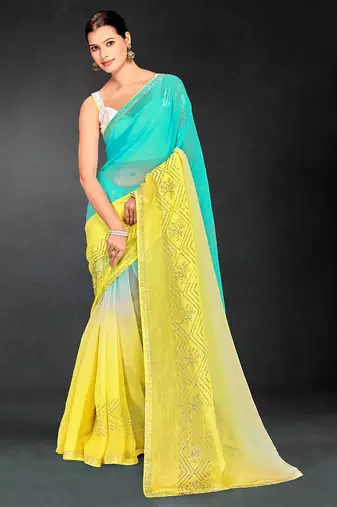 skyblue yellow two tone stone work silk blend saree