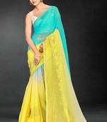 skyblue yellow two tone stone work silk blend saree