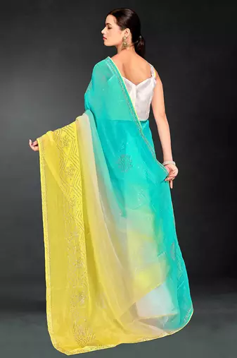 skyblue yellow two tone stone work silk blend saree