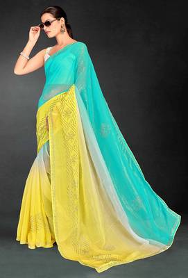 skyblue yellow two tone stone work silk blend saree 3