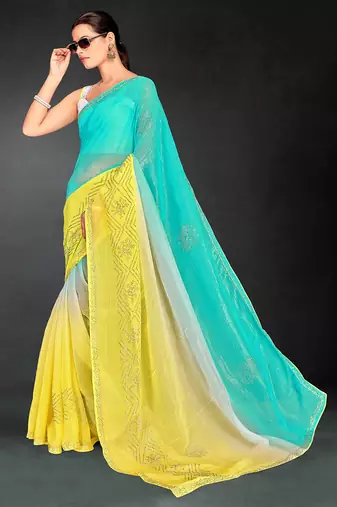 skyblue yellow two tone stone work silk blend saree