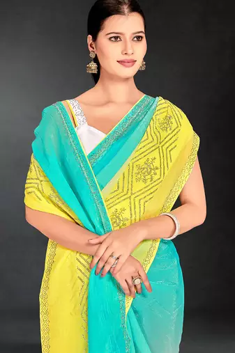 skyblue yellow two tone stone work silk blend saree