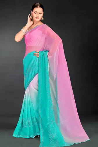 skyblue pink two tone stone work silk blend saree