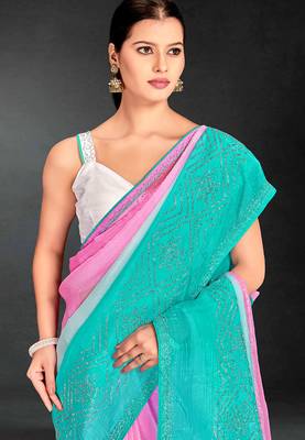 skyblue pink two tone stone work silk blend saree 4