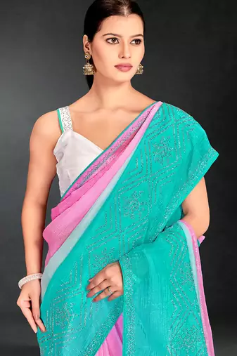 skyblue pink two tone stone work silk blend saree
