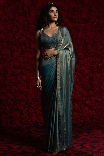 ice blue handwork zarkan embroidery silk blend saree