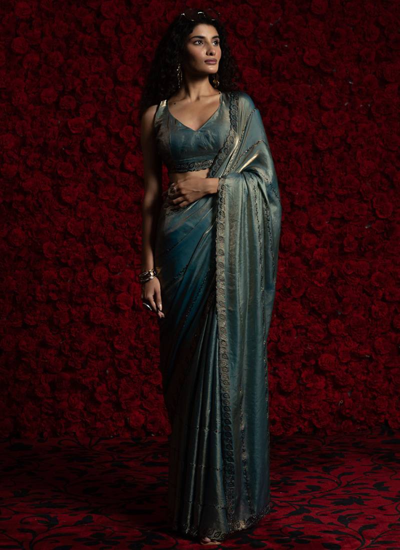 ice blue handwork zarkan embroidery silk blend saree