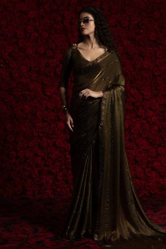 gold heavy handwork zarkan embroidery silk blend saree