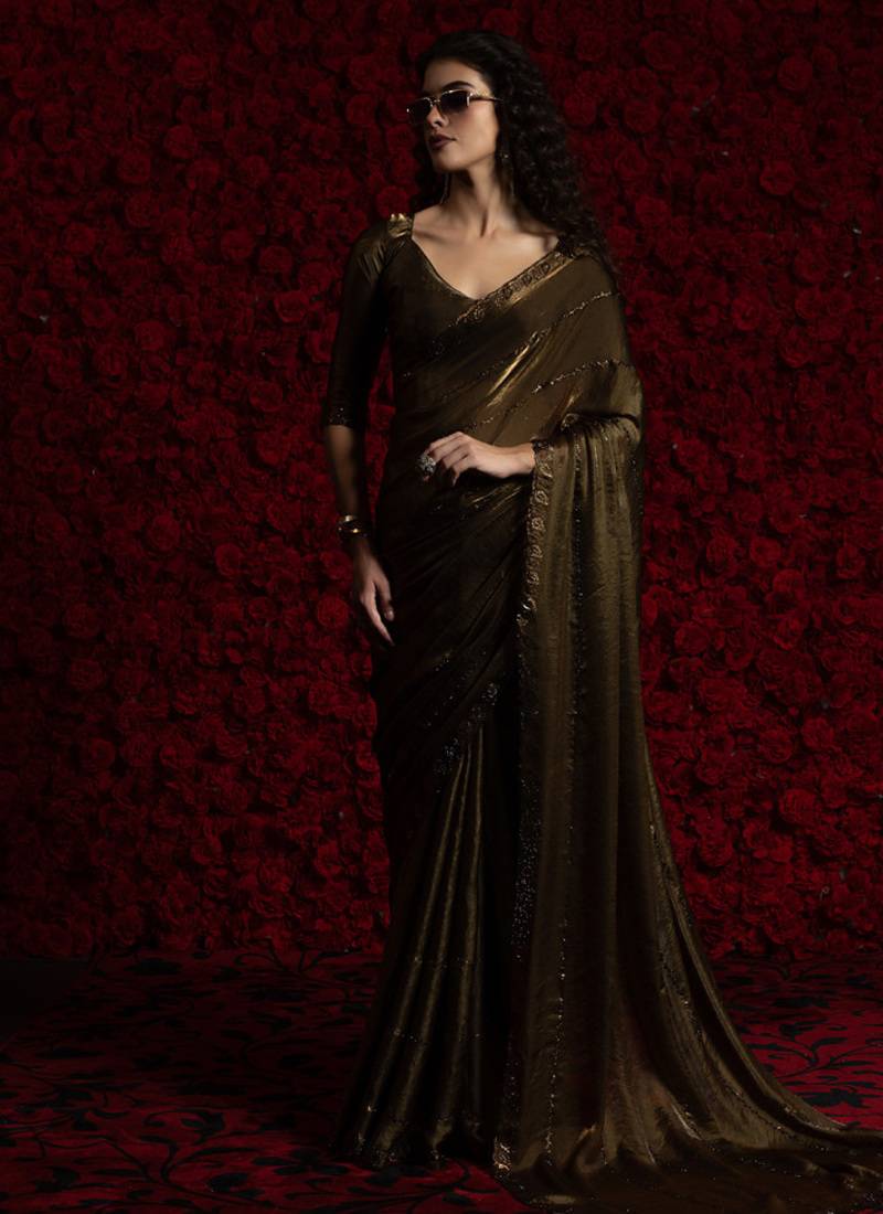 gold heavy handwork zarkan embroidery silk blend saree