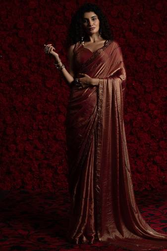 gajari pink heavy handwork zarkan embroidery silk blend saree
