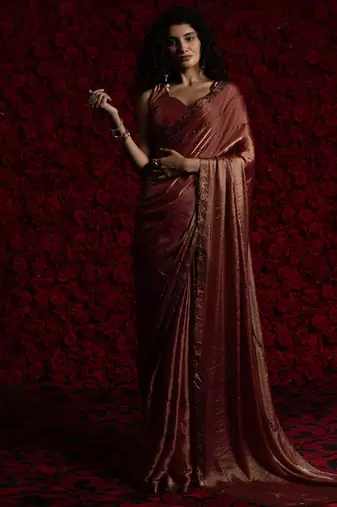 gajari pink heavy handwork zarkan embroidery silk blend saree