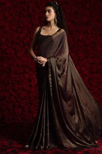 brown heavy handwork zarkan embroidery silk blend saree