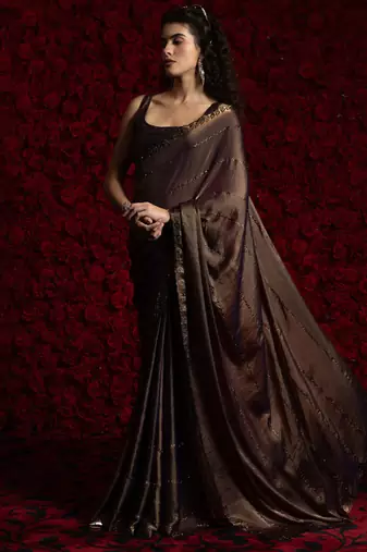 brown heavy handwork zarkan embroidery silk blend saree