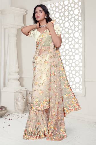 white resham zarkan stone embroidery work net saree