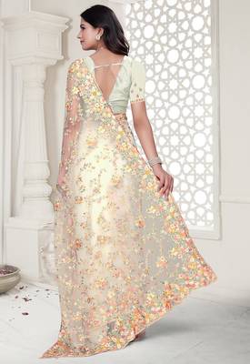 white resham zarkan stone embroidery work net saree 2