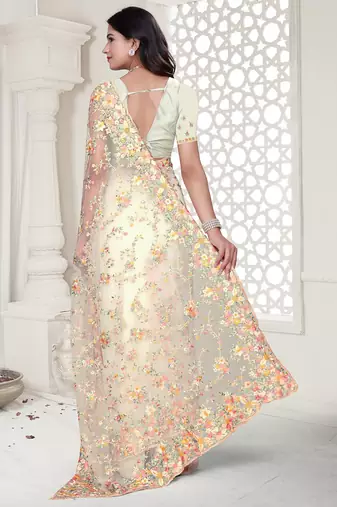 white resham zarkan stone embroidery work net saree
