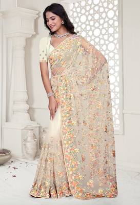 white resham zarkan stone embroidery work net saree 3