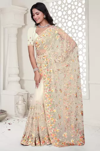 white resham zarkan stone embroidery work net saree