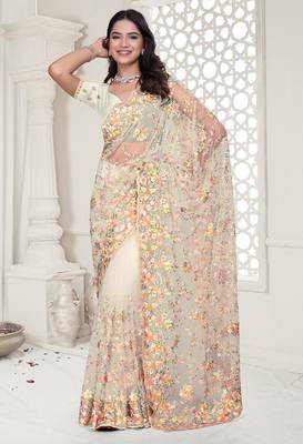 white resham zarkan stone embroidery work net saree 4