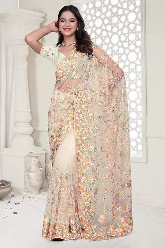white resham zarkan stone embroidery work net saree