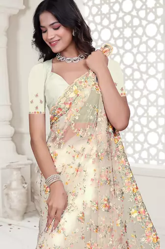white resham zarkan stone embroidery work net saree