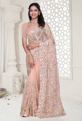 peach resham zarkan stone embroidery work net saree 1