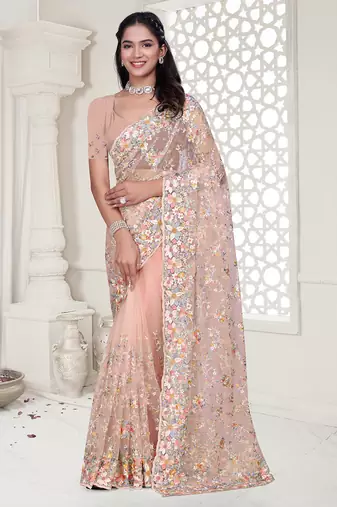 peach resham zarkan stone embroidery work net saree